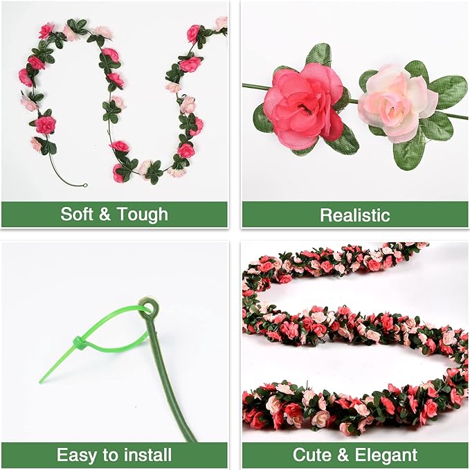 BLEUM CADE 5Pcs 41Ft Flower Garland Artificial Rose Vines with 32.8Ft String Lights, Cute Fake Hanging Flower Vines Floral Garland Decorations for Wedding Party Wall Room Decor Aesthetic