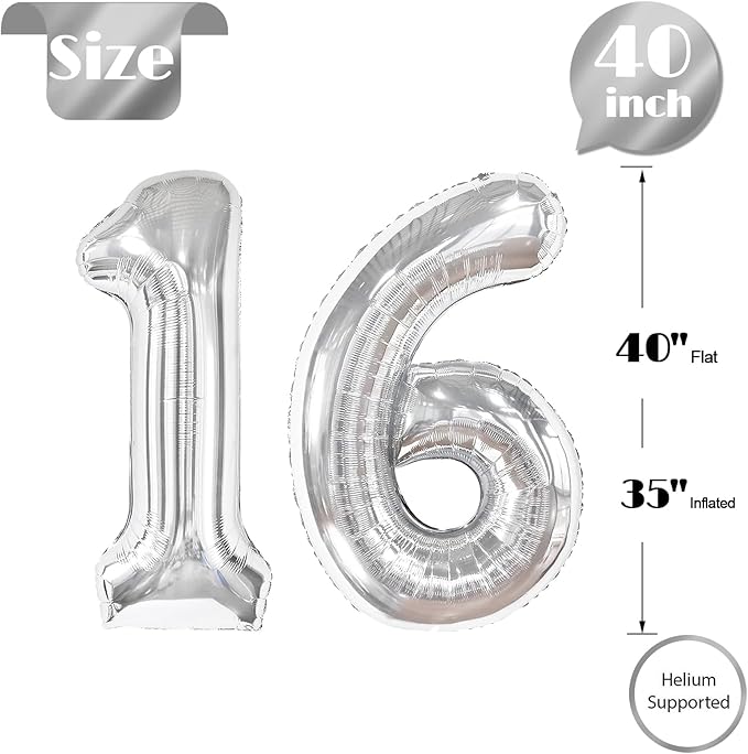 16 Balloon Number, Silver Number 16th Birthday Balloons 40 Inch, Sweet 16 Years Old Silver Birthday Decorations for Boys Girls, 16th Anniversary Decorations