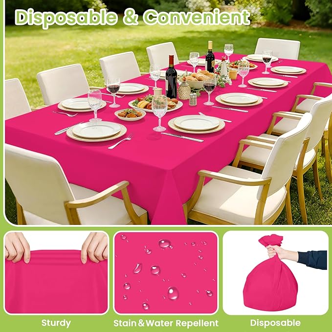 Mulbozy Hot Pink Plastic Table Cloth Disposable 4 Pack, 54 × 108 Inch Tablecloths Rectangle, Dark Pink Plastic Table Cover for Party Decor