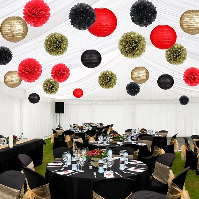zilue Red and Black Party Decorations, Paper Lanterns and Pom Poms Flowers for Birthday Party New Years Retirement Decor Pack of 15 Pieces