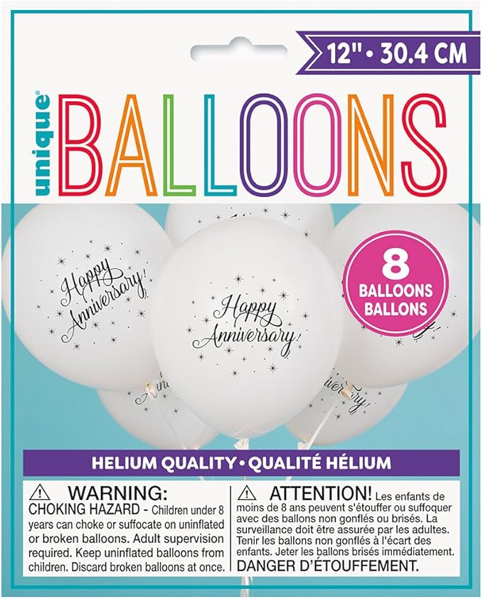 Premium White "Happy Anniversary" Latex Balloons, 12" (8-Pack) - Durable & Elegant Party Decoration, Perfect Special Moments & Occasions