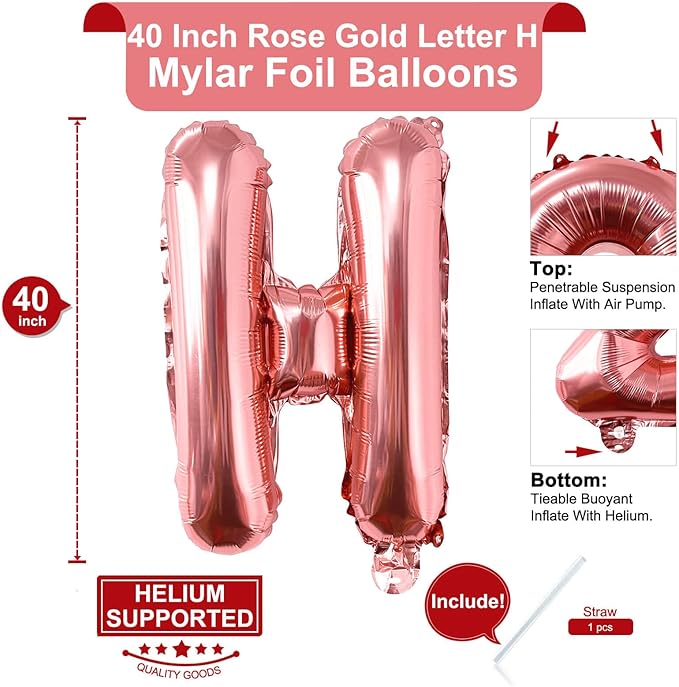 Lovoir 40 Inch Large Rose Gold Letter H Balloons Big Size Jumbo Mylar Foil Helium Balloon for Birthday Party Celebration Decorations Alphabet Rose Gold H