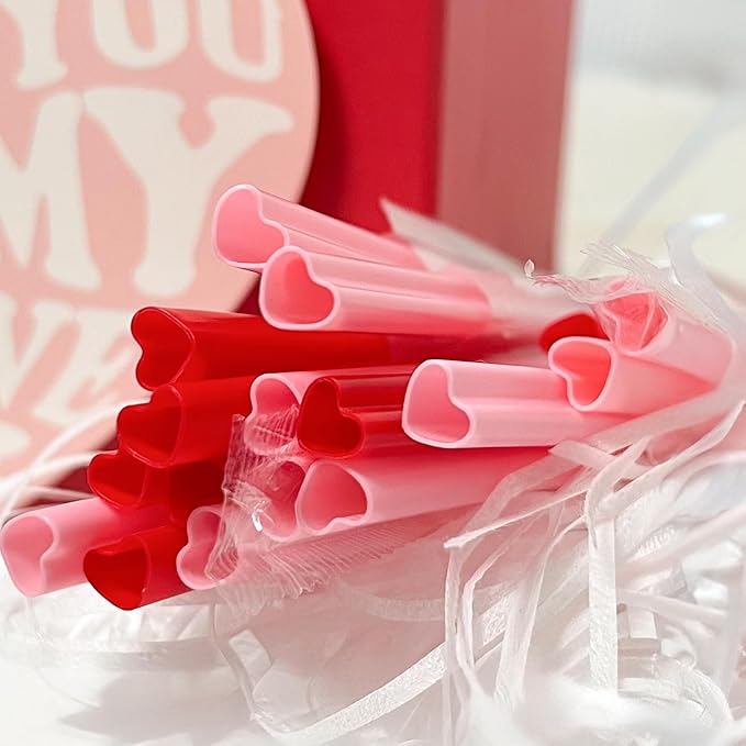 50pcs Heart Shaped Pink Straws Disposable Drinking Cute Straw Individually Wrapped Pink Plastic Straw Galentines Day, Cocktail, Birthday Party, Bridal Shower, Wedding Decorations
