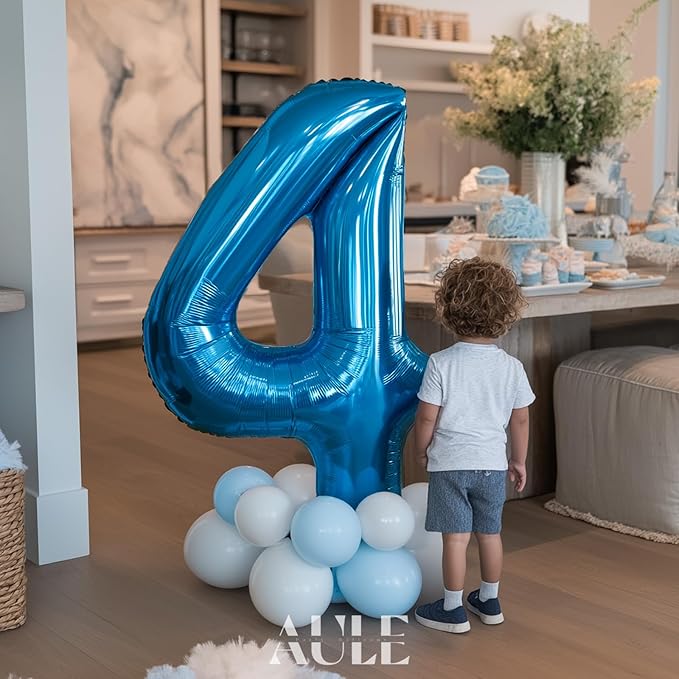 AULE 40 Inch Large 4 Balloon Numbers Blue, Big Foil Number Balloons, Giant Helium Happy Birthday Party Decorations for Man and Women, Huge Mylar Anniversary Party Supplies