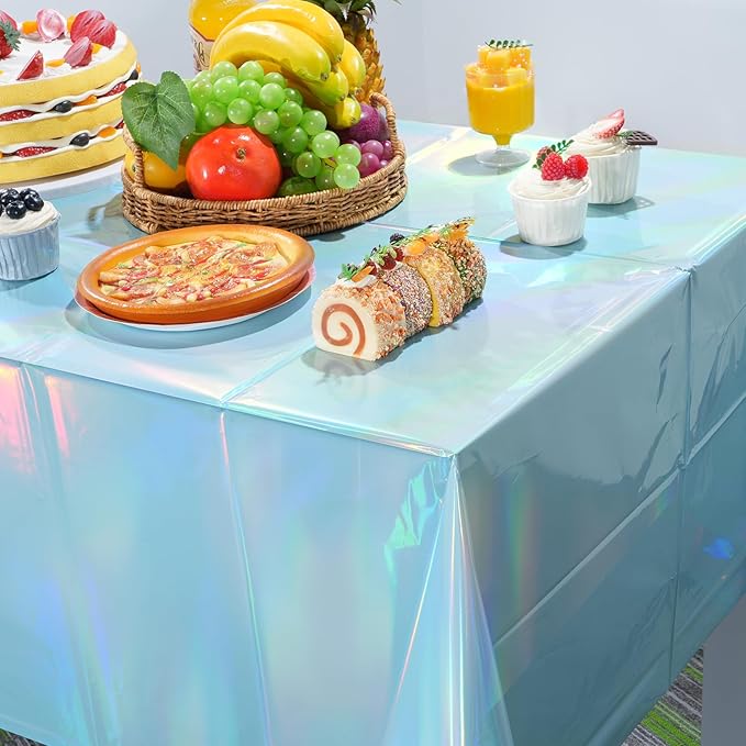6 Pack Iridescent Light Blue Tablecloth for Parties, Pastel Blue Holographic Plastic Table Cover, Disposable Laser Baby Blue Table Cloth for Birthday Wedding Baby Shower Party Decorations, 54x108 Inch