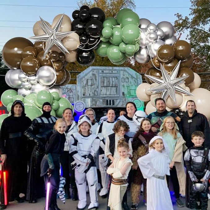 Galaxy Wars Party Decorations 149Pcs Sage Green Brown Balloon Garland Arch Kit Sand White Black Silver Balloons for Universe Star Birthday One With The Force Party Supplies