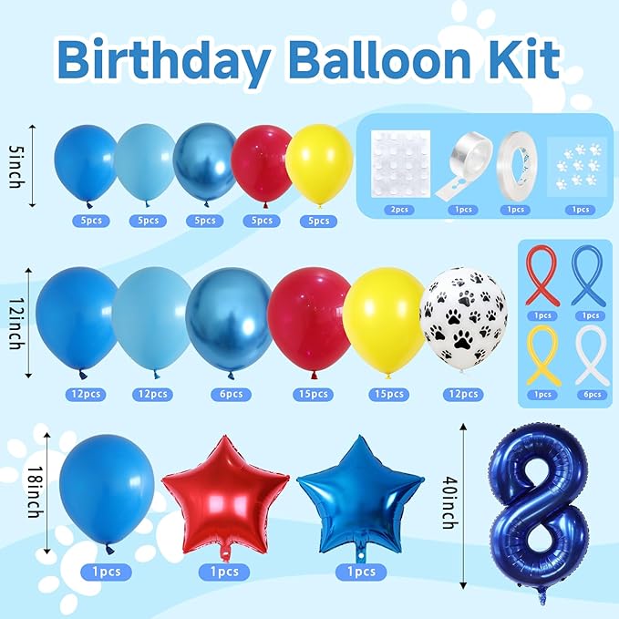 8th Birthday Decorations Boy, Dog Paw Eight Years Old Party Arch with Red Blue Yellow Long Latex Balloons 40 inch Number 8 Balloon and Star Foil for Paw Birthday Party Supplies
