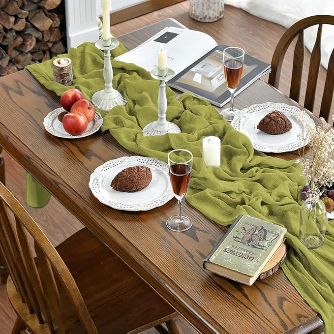 Artoid Mode 6pcs Boho Cheesecloth Gauze Grass Green Wedding Table Runner, 120 Inch Seasonal Spring Fabric Kitchen Dining Holiday Table Decor for Home Party Indoor