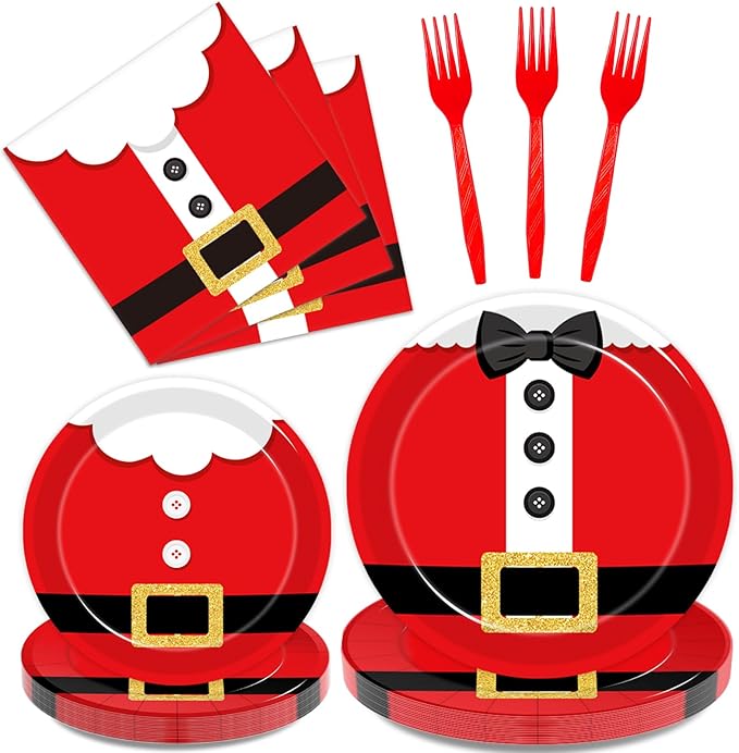 96 Pcs Santa Christmas Paper Plates Santa Claus Suit Disposable Party Plates Napkins Set Merry Christmas Holiday Dinnerware Party Decoration Supplies, Serves 24