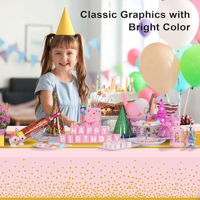 12 Pack Pink and Gold Tablecloth Party Decorations Plastic Pink Tablecloth Printed Gold Table Runner 54 x108 Inch Disposable Rectangle Table Cover for Birthday Wedding Graduation Anniversary