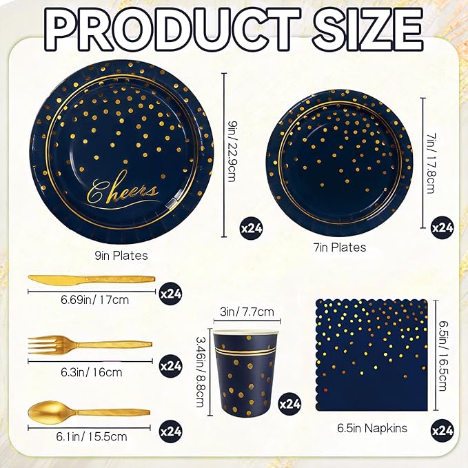 OuMuaMua Blue Paper Plates and Napkins Party Supplies for 24 Guests, 168 Pcs Navy Blue Disposable Plates with Utensils Set for Blue and Gold Graduation Retirement Birthday Party Decorations