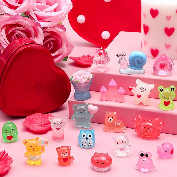 56 Pcs Valentine's Day Luminous Mini Figures 56 Types Valentines Glow in The Dark Miniature Love Heart Resin Animanl Tiny Duck Figurines for Valentines Party Gifts DIY Craft Dollhouse Scene Decor