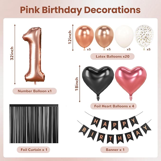 1st Birthday Decorations for Baby Girl - Rose Gold, Black and Hot Pink Party Supplies Set with Happy 1st Banner, Number 1 Balloon and Foil Fringe Curtains - 1 Year Old Celebration Kit