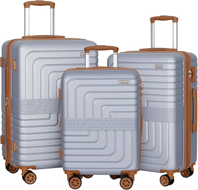Romswi 3 Piece Luggage Sets, Expandable PC+ABS Hardshell Suitcase Set with TSA Lock YKK Zipper and Dual Spinner Wheels, Large Checked Travel Suitcases, 20/24/28 Inch, Silver