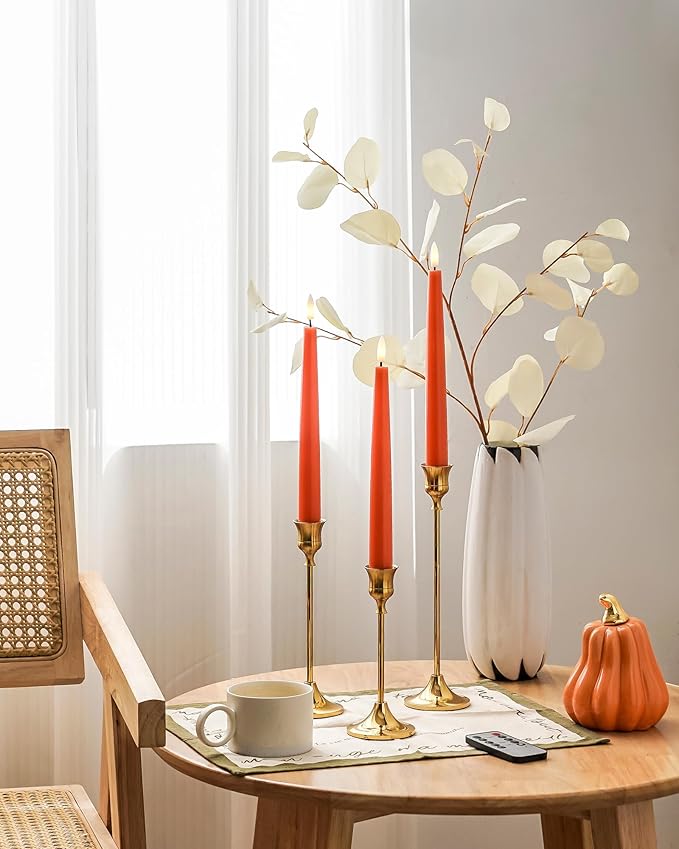 Orange Flameless Taper Candles with Remote and Timer, 9.65 Inch Real Wax LED Candlesticks, Fall Taper Candles Battery Operated with 3D Flickering Flame, Thanksgiving Candles for Table, 3 Pack
