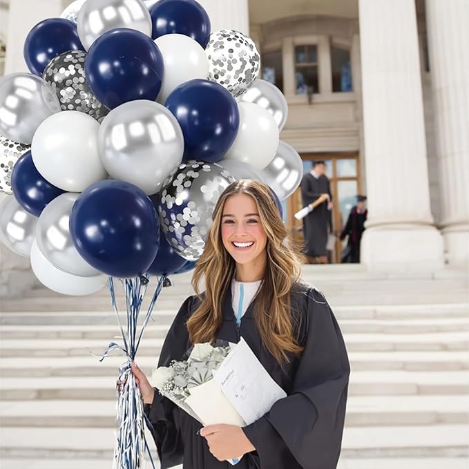 Navy Blue Silver Balloons Kit,50pcs 12inch Royal Dark Blue Metallic Silver White Balloon with Conffetti Latex Balloon for Wedding Graduation Birthday Anniversary Party Decorations