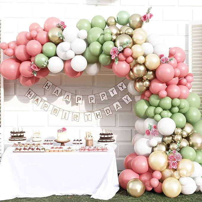 Pink and Green Balloon Arch Kit 127Pcs Sage Green Dusty Pink Gold Balloons Garland Boho Retro Blush Champagne Birthday Party Balloons for Girls Jungle Safari Woodland Baby Shower Wedding Decorations