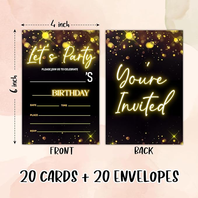 Let's Party! Birthday Party Invitation Cards for Boys Girls, Gold Glitter Birthday Celebration Party Invite Cards Supplies, 20 Double-Sided Fill In Invites With Envelopes -16