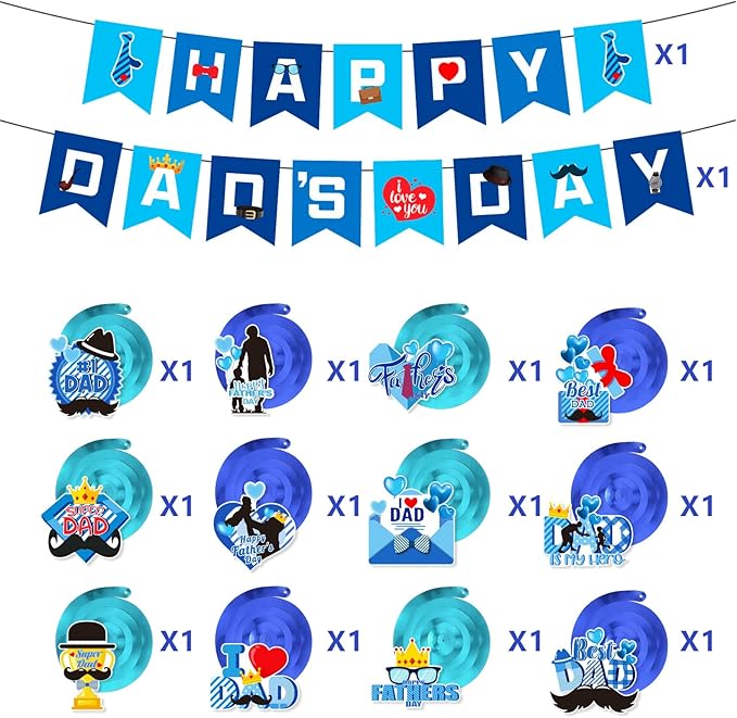 Father's Day Decorations – 1PCS Happy Father's Day Banner & 12PCS Hanging Swirls for Father’s Day Party Supplies