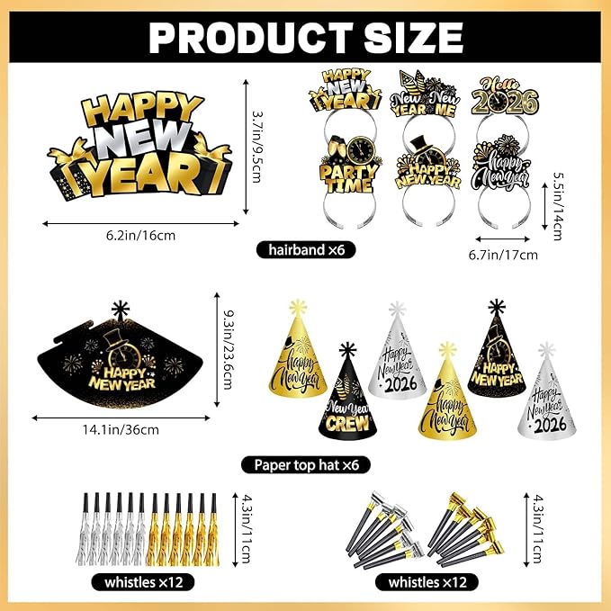 Happy New Year Party Supplies 2026, 49pcs New Years Party Favors Set Includes New Years Paper Hats, Headband, Eyeglasses, Blowouts, Banner for New Year's Eve Party