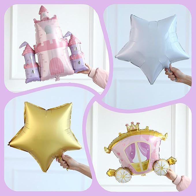 Princess Balloon Garland Arch Kit, 161pcs Pastel Pink Purple Chrome Gold Balloons with Castle Carriage Star Foil Balloons for Girls Princess Birthday Party Supplies Baby Shower Decorations