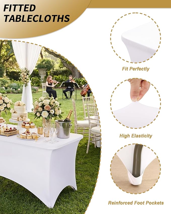 Fixwal 3 Pack White Table Cloths Rectangle 8FT, Tablecloths Rectangular Stretch Spandex Fitted Table Covers 8ft for Parties, Trade Shows, Banquet, Weddings, Buffet, Graduation
