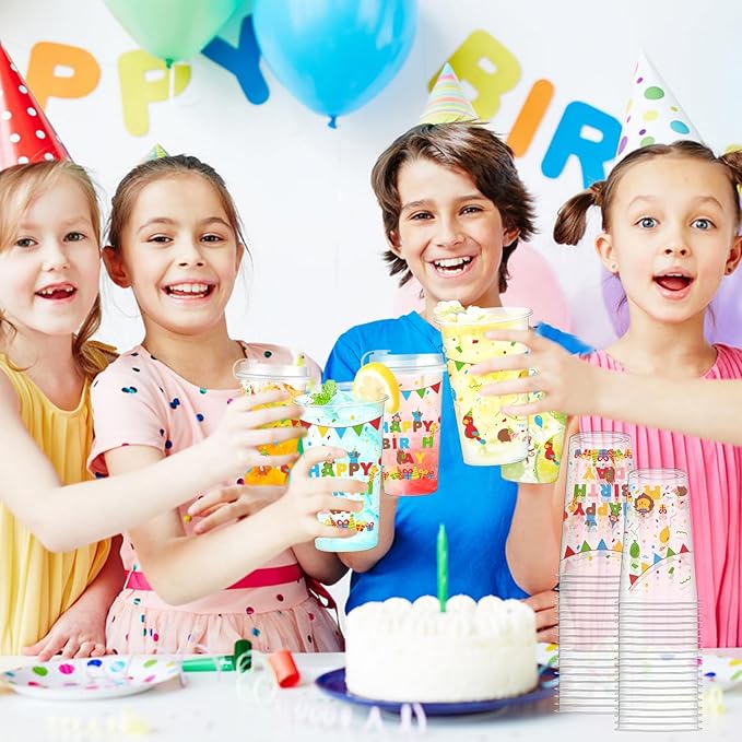 50pcs Happy Birthday Disposable Plastic Cups 16 Oz Drinking Cup with Lid, Birthday Party Decorations & Gifts for Boys and Girls, Clear Coffee Cups for Kids, Birthday Theme Party Drinkware Supplies
