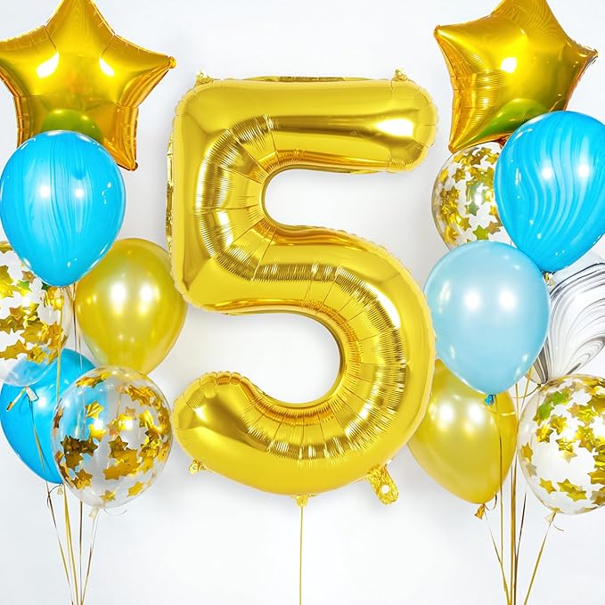 Gold Number 5 Balloon 40 Inch, Big Large Foil Helium Number Balloons, Jumbo Giant Mylar Number 5 Balloons for 5 Year Old Birthday Gold Party Decorations