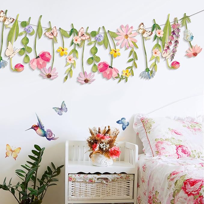 Wildflower Party Decorations Butterfly Flower Banner Flower Leaves Banner Butterfly Garland for Wall Garden Spring Baby Shower Wedding Backdrop Decor
