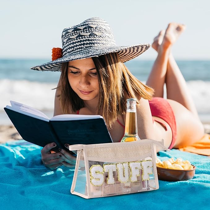 Etercycle Boho Straw STUFF Bag, Clear Waterproof Beach Bag Small Zipper Makeup Bag, Chenille Letter Patch Cosmetic Bag Holiday Vacation Summer Beach Gifts for Summer Travel