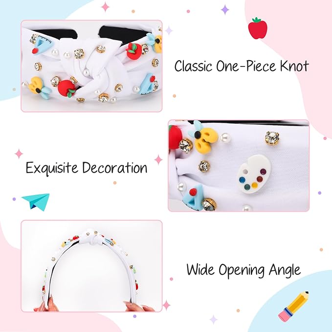 Teacher Headbands for Women, Teacher Appreciation Gifts, Pearl Rhinestone Back to School Headband for Girls, Jeweled Top Knot Embellished Hairband,Teachers Hair Accessories Outfits (White)