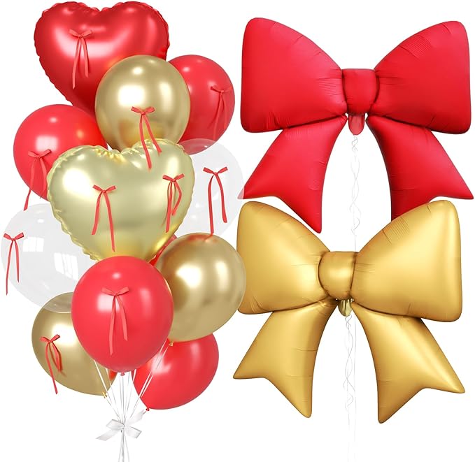 16Pcs Red and Gold Heart Balloons, 38 Inch Bow Balloons, Red Champagne Gold Clear Balloon with Bow Ribbons for Anniversary Birthday Wedding Bridal Baby Shower Valentines Day Decorations