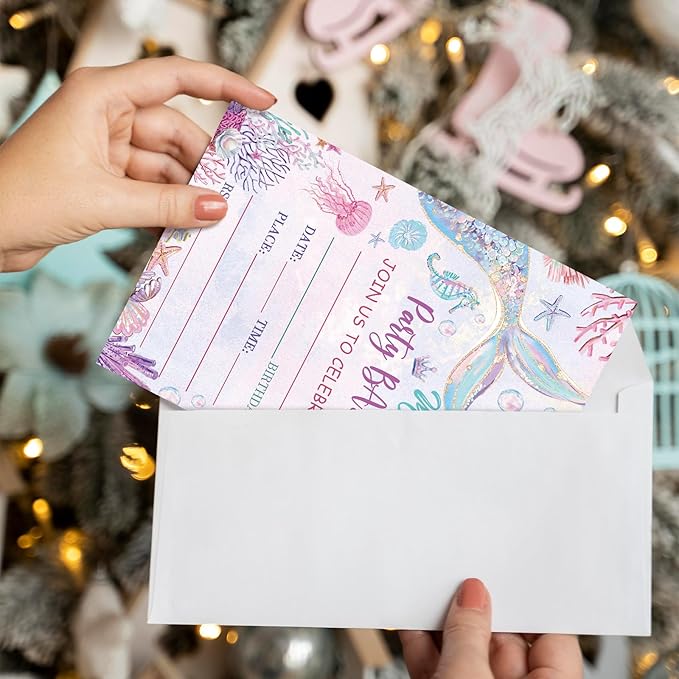 Mermaid Birthday Invitations, Mermaid Under the Sea Invites for Girls Boys, 20 Pcs Double-Sided Fill In Invitations with Envelopes, Birthday Party Favor & Supplies 6 x 4 Inch