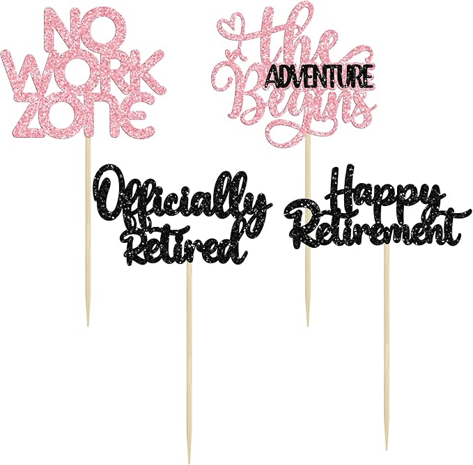24Pcs Happy Retirement Cupcake Toppers Officially Retired Cake Toppers No Work Zone Adventure Begins Cupcake Picks Retirement Theme Farewell Birthday Party Decorations Supplies Pink Black