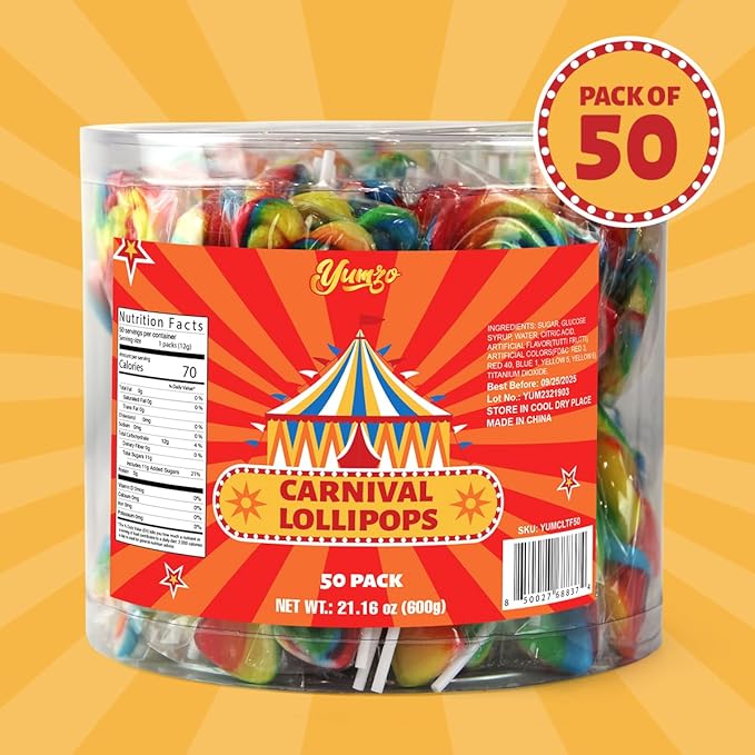 Carnival Lollipops Rainbow Twist, Swirls, and Round Lolly-pops Unicorn Party Favors - Individually Wrapped Rainbow Candy Suckers & Lollipops Great for Birthday Parties, Pinata, Easter Candy - 50 Count