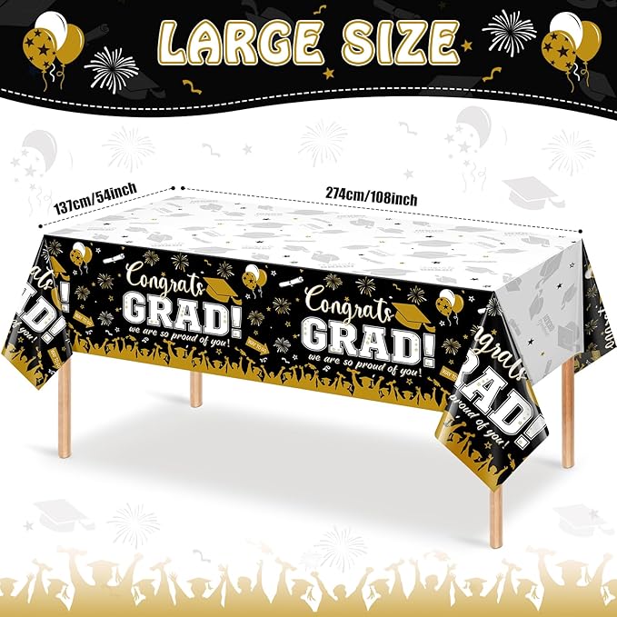 12Pack Graduation Tablecloth Party Decorations, Class of 2026 Congrats Grad Plastic Tablecover Party Supplies, Black and Gold Rectangle Graduation Table Decor for College High School Party, 54x108Inch