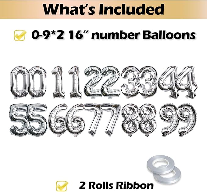 [20 Pcs] 16" Silver Foil Number Balloons (2 sets of 0-9) - Mylar Aluminum Hanging Decorations for Graduation, Birthday, Christmas & New Year's Eve Parties