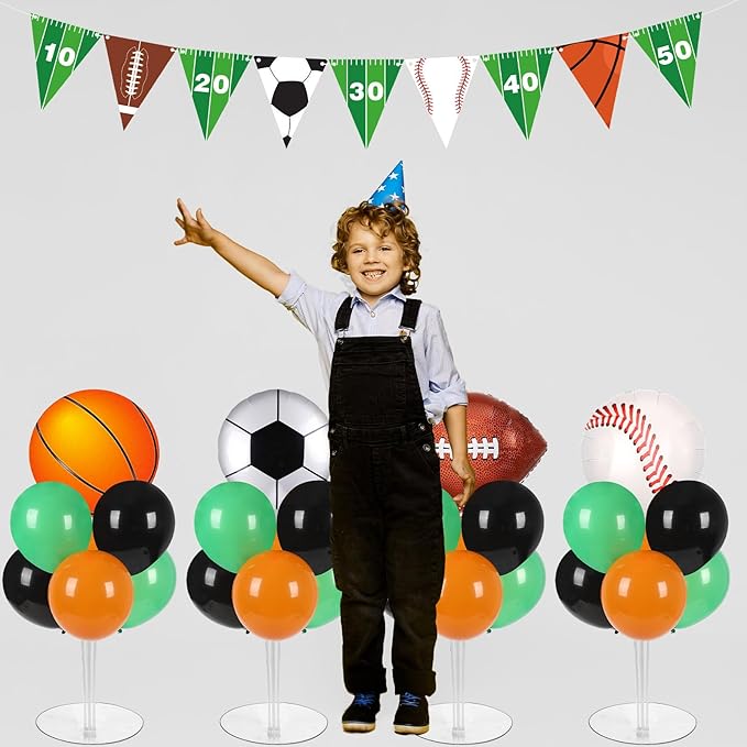4 Sets Sports Party Balloons Stand Kit with Basketball Football Baseball Foil Balloons Sports Theme Party Balloon Centerpiece for Christmas Winter Tables Game Themed Birthday Baby Shower Decorations