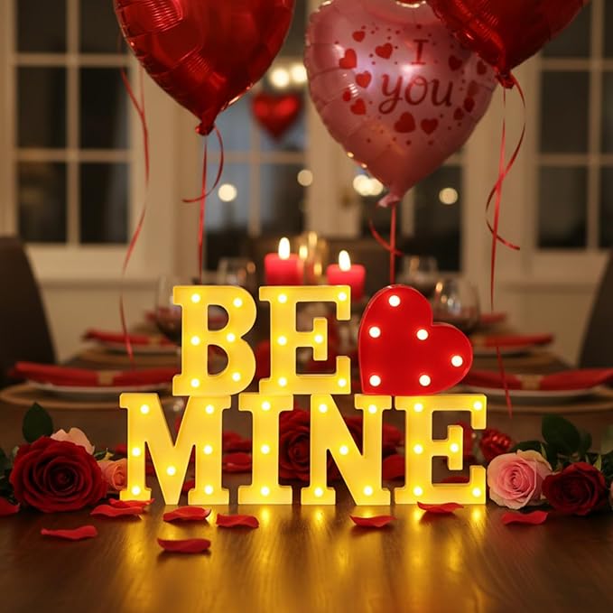 Honoson 7 Pcs Valentines Day Decoration, Be Mine Light up Sign Romantic Heart LED Letters Lights for Valentine Day Engagement Confession Proposal Boyfriend Girlfriend Lover Special Night Party Decor