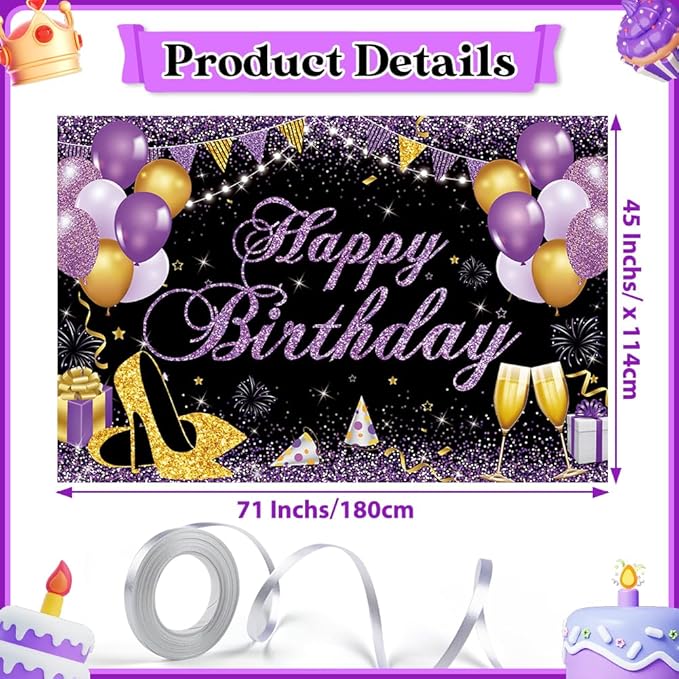 Happy Birthday Banner - Birthday Decorations for Women Girls Purple Birthday Party Banners Welcome Happy Birthday Background Sign for Theme Party Decorations Indoor Outdoor