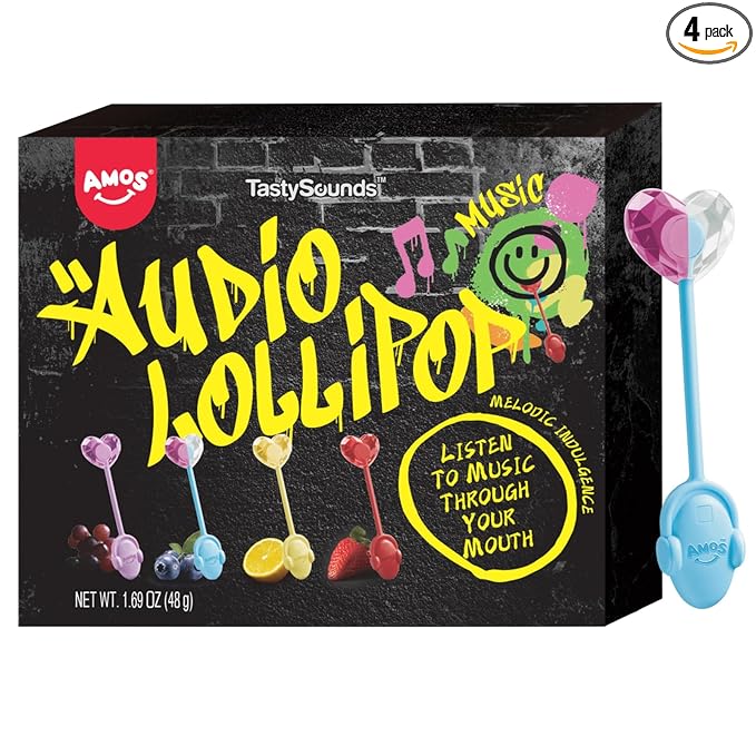 AMOS Music Lollipop Candy Suckers – TastySounds Audio Hip Hop Singing Lollipop, Assorted Fruit Flavors, Sugar-Free, Low-Calorie Snack, 4-Pack Gift Box