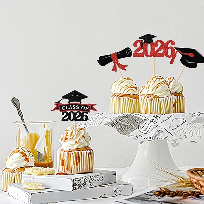 2026 Graduation Cupcake Toppers, 36 pack Red Glitter Class of 2026 Congrats Grad Diploma Graduation Cap Cupcake Picks for 2026 Graduation Party decorating Supplies