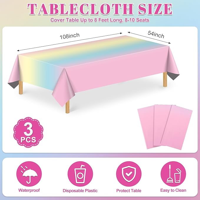 3 Pack Plastic Pastel Tablecloths, 54 x 108 Inch Disposable Easter Tablecloth Rainbow Table Cover Waterproof Rectangle Birthdays Party Table Cloth for Girl Princess Birthday Party Supplies