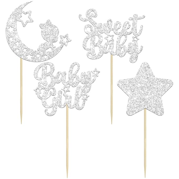Gyufise 24Pcs Baby Shower Girl Cupcake Toppers with Moon Glitter Star Sweet Baby Gender Reveal Cupcake Picks Decorations for Baby Shower Kids Girls Birthday Party Supplies Silver