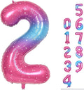 Gradient Blue Pink 2 Balloons, 40 Inch Giant Helium Foil Number 0-9 Rainbow 2th Birthday Balloon for Girls, Self Inflating Starry Digit 2 Balloons for Women Anniversary Party Decorations Supplies