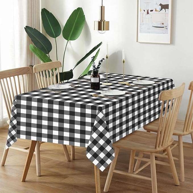 QIKSION Black Gingham Tablecloth Disposable 6 Pack, 54 x 108 Inch Black and White Checkered Table Cloth for Picnic, Outdoor BBQ Decorations, Birthday Party Supplies, Rectangle, Plastic Table Cover