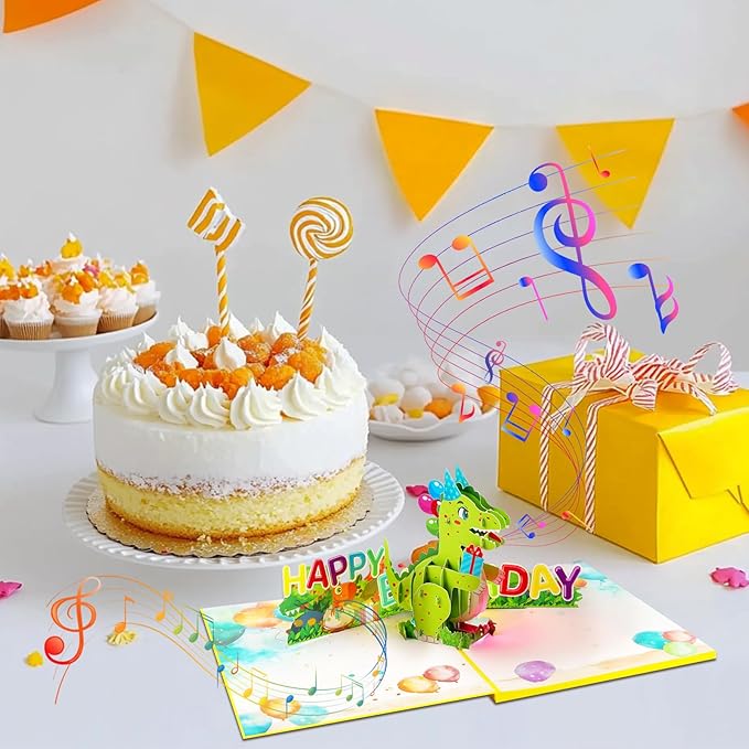 Cartoon Dinosaur Music Playing Pop Up Happy Birthday Greeting Card with LED Light, Love Gift for Adult and Kid with Blank Note & Envelope, Celebration for Daughter, Son, Mom, Dad