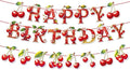 Zwiebeco Cherry Happy Birthday Party Decoration Banner Bunting Garland Hanging Paper for Sweet Girls Women Summer Fruit Themed Baby Shower Accessories Supplies