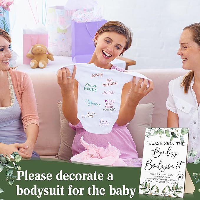 Qunclay 12 Pcs Baby Shower Game Decor with White Unisex Bodysuit Wooden Sign Tabletop Decor and Marker for Guests(Greenery)