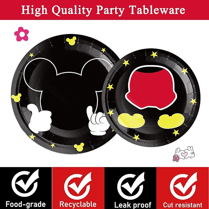 91Pcs Red Mouse Party Supplies Tableware Set, Cartoon Theme Birthday Party Decorations Include Paper Plates, Napkins, Tablecloth, Straws, Cups, Knives, Spoons and Forks (Red)